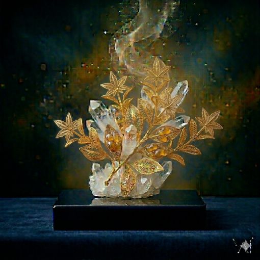  Mistik Sanat Mimarı tasarımı: Saf kristal kuvars kümesi üzerinde yükselen, beş loblu yıldız formunda altın filigran yapraklardan oluşan Sığla (Günlük) heykeli; derin lacivert kaide üzerinde parlayan, köklerinden süzülen kehribar rengi altın reçine damlaları ve mistik dumanıyla kadim şifayı ve bolluğu temsil eden lüks dijital sanat eseri
