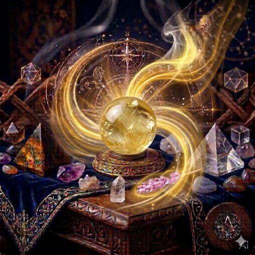  Kadim, oyma desenli koyu ahşap bir masanın üzerinde, altın işlemeli derin lacivert kadife bir örtünün tam ortasında duran, şeffaf bal sarısı ve altın yaldızlı tonlarda, içi doğal kristalize dokular barındıran parlatılmış mistik bir Sitrin (Citrine) doğaltaşı küresi. Sitrin küresinin içindeki parıltılı ve berrak yapıdan, mistik ve dumanlı parlak altın sarısı ile kıvılcımlı kehribar rengi bir enerji hüzmesi yükselerek hemen arkasındaki antik kumsaatiyle bütünleşiyor. Kumsaatinin içinden akan altın yaldızlı kumlar, bu sıcak ve ışıltılı enerji akışıyla sarmalanmış. Masanın solunda şeffaf kristal kuvars piramitleri ve ham Kaplan Gözü kütleleri, sağında ham Ametist kristal kümeleri ve Agat taşları dağınık bir mistik kompozisyon oluşturuyor. Arka planda tüten mistik tütsülerden yükselen dumanlar, parıldayan altın yıldız haritası detayları, astrolojik semboller ve karmaşık geometrik enerji desenleriyle bütünleşerek kozmik bir atmosfer yaratıyor. Sağ alt köşede, zarif bir altın stant üzerinde duran parlatılmış Sitrin küresinin önünde dairesel, minimalist, zarif bir dijital AI sanat imza sembolü (A) ve markanın lüks estetiği entegre edilmiş. Görsel, profesyonel sinematik ışıklandırma ve derin bokeh efekti ile mistik ve sofistike bir 'yaşayan tablo' atmosferine sahip, 1024x1024 kare formatında bir dijital sanat çalışması. Bu görsel, 'Mistik Zaman Masası: Sitrin Serisi'nin imza eseridir.