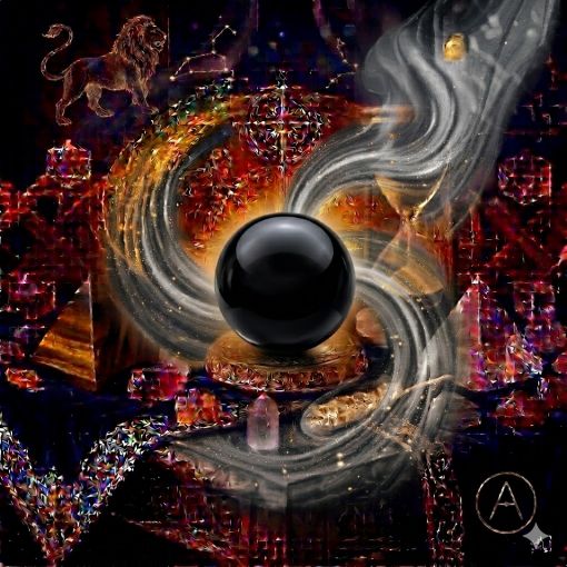  Kadim, oyma desenli koyu ahşap bir masanın üzerinde, altın işlemeli derin lacivert kadife bir örtünün tam ortasında duran, Siyah Oniks (Black Onyx) kristalinden yapılmış, zifiri siyah, pürüzsüz ve ışığı yüzeyinde yansıtan opak bir 'Koruma Küresi'. Kürenin derin siyah gövdesinden yükselen, mistik bir tütsü dumanı gibi zarifçe kıvrılan gümüşi füme ve dumanlı gri mistik enerji hüzmeleri, hemen arkasındaki antik cam kumsaatiyle bütünleşiyor. Kumsaatinin içinden akan altın yaldızlı kumlar, bu negatif enerjiyi hapseden, disiplin ve sarsılmaz irade sağlayan güçlü akışla sarmalanmış. Masanın solunda şeffaf kristal kuvars piramitleri ve altın parıltılı kaplan gözü kütleleri, sağında ise ham ametist parçaları dağınık bir mistik kompozisyon oluşturuyor. Sol üst köşede parıldayan altın bir Aslan burcu sembolü ve arka planda parıldayan yıldız haritaları, astrolojik sembollerle kozmik bir atmosfer yaratıyor. Sağ alt köşede, zarif bir altın stant üzerinde duran bu özel Oniks küresinin önünde dairesel, minimalist, zarif bir dijital AI sanat imza sembolü (A) ve markanın lüks estetiği entegre edilmiş. Görsel, profesyonel sinematik ışıklandırma ve derin bokeh efekti ile mistik ve sofistike bir 'yaşayan tablo' atmosferine sahip, 1024x1024 kare formatında bir dijital sanat çalışması. Bu görsel, 'Mistik Zaman Masası: Oniks Muhafızı'nın imza eseridir.