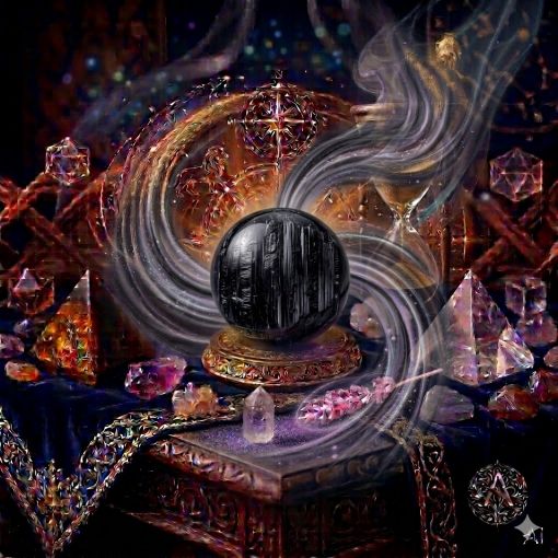  Kadim, oyma desenli koyu ahşap bir masanın üzerinde, altın işlemeli derin lacivert kadife bir örtünün tam ortasında duran, Siyah Turmalin (Black Tourmaline) kristalinin kendine has dikey lifli ve çizgili dokusuna sahip, jet siyahı ve opak bir 'Gece Kalkanı' küresi. Kürenin güçlü ve topraklayıcı yapısından, mistik bir tütsü dumanı gibi zarifçe kıvrılan dumanlı gri, gümüşi ve şeffaf bir sis bulutu yükselerek hemen arkasındaki antik cam kumsaatiyle bütünleşiyor. Kumsaatinin içinden akan altın yaldızlı kumlar, bu negatif enerjiyi emen ve koruma sağlayan siyah enerji akışıyla sarmalanmış. Masanın solunda şeffaf kristal kuvars piramitleri ve ham kaplan gözü kütleleri, sağında ise ham ametist ve kuvars parçaları dağınık bir mistik kompozisyon oluşturuyor. Arka planda tüten mistik tütsüler, parıldayan altın yıldız haritası detayları, astrolojik semboller ve karmaşık geometrik enerji desenleriyle bütünleşerek kozmik bir atmosfer yaratıyor. Sağ alt köşede, zarif bir altın stant üzerinde duran bu özel Siyah Turmalin küresinin önünde dairesel, minimalist, zarif bir dijital AI sanat imza sembolü (A) ve markanın lüks estetiği entegre edilmiş. Görsel, profesyonel sinematik ışıklandırma ve derin bokeh efekti ile mistik ve sofistike bir 'yaşayan tablo' atmosferine sahip, 1024x1024 kare formatında bir dijital sanat çalışması. Bu görsel, 'Mistik Zaman Masası: Siyah Turmalin Korunması'nın imza eseridir.