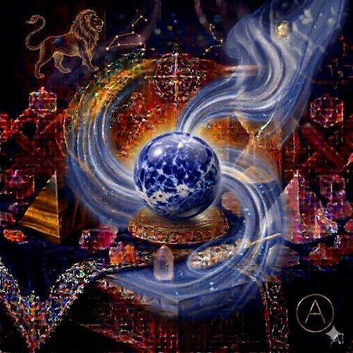  Kadim, oyma desenli koyu ahşap bir masanın üzerinde, altın işlemeli derin lacivert kadife bir örtünün tam ortasında duran, Sodalit (Sodalite) kristalinin karakteristik zengin kraliyet mavisi ve gece mavisi gövdesi üzerinde beyaz kalsit damarları, lekeleri ve mermersi hareler barındıran, pürüzsüz ve parlatılmış bir 'Zihin Berraklığı Küresi'. Kürenin derin mavi yapısından yükselen, mistik bir tütsü dumanı gibi zarifçe kıvrılan gümüşi beyaz ve açık mavi mistik enerji hüzmeleri, hemen arkasındaki antik cam kumsaatiyle bütünleşiyor. Kumsaatinin içinden akan altın yaldızlı kumlar, bu mantık, rasyonel düşünce ve boğaz çakrası şifasını temsil eden güçlü enerji akışıyla sarmalanmış. Masanın solunda şeffaf kristal kuvars piramitleri ve ham kaplan gözü kütleleri, sağında ise ham ametist ve kuvars parçaları dağınık bir mistik kompozisyon oluşturuyor. Sol üst köşede parıldayan Aslan burcu sembolü ve arka planda altın yıldız haritası detayları, astrolojik sembollerle kozmik bir atmosfer yaratıyor. Sağ alt köşede, zarif bir altın stant üzerinde duran bu özel Sodalit küresinin önünde dairesel, minimalist, zarif bir dijital AI sanat imza sembolü (A) ve markanın lüks estetiği entegre edilmiş. Görsel, profesyonel sinematik ışıklandırma ve derin bokeh efekti ile mistik ve sofistike bir 'yaşayan tablo' atmosferine sahip, 1024x1024 kare formatında bir dijital sanat çalışması. Bu görsel, 'Mistik Zaman Masası: Sodalit Berraklığı'nın imza eseridir.