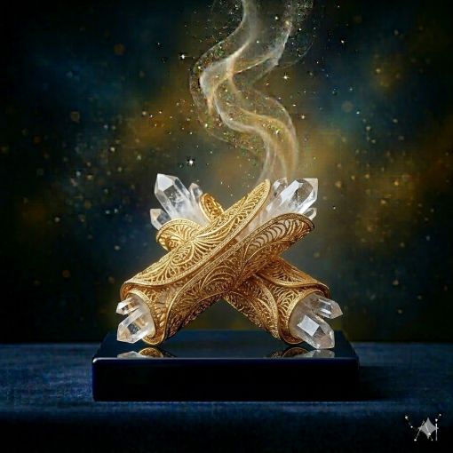  Lüks mistik estetikle yeniden yorumlanmış Tarçın sembolü; refahı temsil eden katmanlı altın filigran rulo formu ve özden fışkıran berrak kuvars kristal demetleriyle form kazanmış, karanlık lacivert zemin üzerinde yükselen heybetli dijital sanat eseri