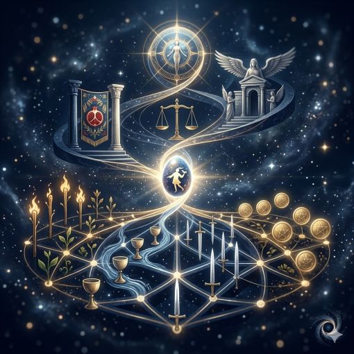  Bu lüks ve mistik sanatsal görsel, tarotun kozmik evrenini tek bir karede birleştiriyor. Kozmik bir galaksi fonunda, Major Arcana (Büyük Arkana) ve Minor Arcana'nın (Küçük Arkana) sembolik elementleri, gizemli bir akışla bir araya geliyor. Merkezde, The Fool'un (Mecnun) ışık saçan kozmik yumurtası, her iki yolculuğun da başlangıç noktasını oluşturuyor. Görselin üst kısmında, Major Arcana'nın figürleri kozmik bir sarmal üzerinde yükseliyor: The High Priestess'ın (Azize) iki sütun arasındaki nar işlemeli perdesi, Justice'in (Adalet) dengeli terazisi ve Judgement'ın (Mahşer) kanatlı meleği gibi ikonik figürler, mistik bir lüks estetiğiyle yeniden yorumlanmış. Altta ise Minor Arcana'nın dört elementi, geometrik bir ızgara üzerinde dizili: Değnekler (Wands), Kupalar (Cups), Kılıçlar (Swords) ve Pentakllar (Pentacles), her biri kendi enerjisini temsil eden sembollerle bezeli. Renk paleti, derin lacivert (#001A3D) ve koyu altın (#B8860B) tonlarının hâkim olduğu kozmik bir dokuyla, mistik ve şık bir atmosfer sunuyor