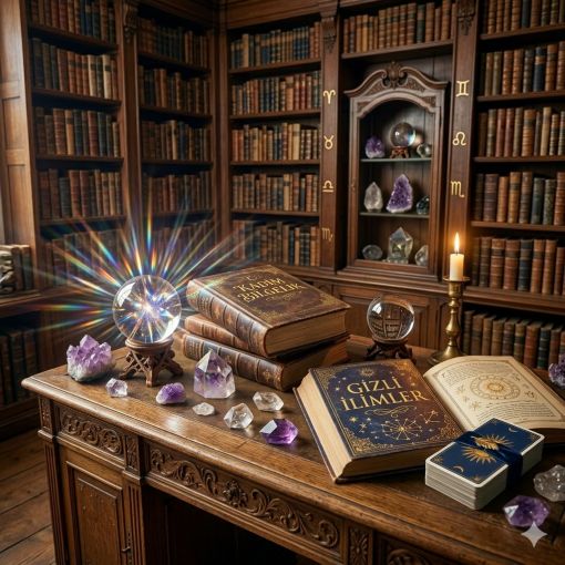  Klasik bir kütüphane içerisinde, meşe çalışma masası üzerinde duran altın varaklı eski kitaplar, parlayan ametist kristalleri, kuvars küre ve mavi kadife kurdeleli lüks tarot destesi. Arka planda astrolojik sembollerle süslenmiş ahşap kitaplıklar ve loş mum ışığı.