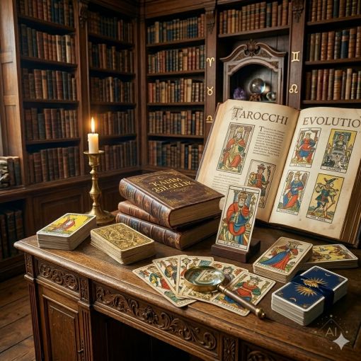  Klasik bir ahşap kütüphane içerisinde, antika bir çalışma masası üzerinde duran lüks bir kompozisyon. Açık duran, İtalyanca 'Tarocchi' ve 'Evolutio' başlıkları taşıyan antik bir el yazması; Visconti-Sforza ve Marsilya tarzı tarihi tarot kartlarının evrimini gösteriyor. Masada antika 'Kadim Bilgelik' kitabı, pirinç saplı bir büyüteç, mum ışığı, ametist kristalleri ve astrolojik sembollerle süslenmiş kitaplıklar yer alıyor. Derin kahverengi ve altın tonlarında sofistike atmosfer.