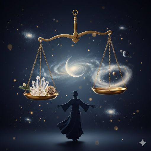  Ay ışığı ve galaktik bir arka plan önünde dengede duran altın bir terazi, bir kefesinde parlayan spiritüel kristaller ve gül, diğer kefesinde gezegenler ile kozmik adaleti temsil eden estetik astroloji illüstrasyonu.
