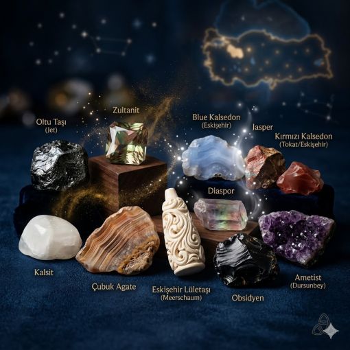  Derin lacivert bir zemin üzerinde, Türkiye'nin mistik enerjisini yansıtan 10 değerli doğaltaşın (Oltu, Zultanit, Kalsit, Akik, Lületaşı, Diaspor, Kalsedon, Jasper, Obsidyen, Ametist) lüks ve sanatsal bir kompozisyonu. Arka planda altın ışıltılarla parlayan bir Türkiye haritası silüeti ve kozmik takımyıldızları yer alırken; taşlar sinematik bir ışıklandırma, bokeh efekti ve sağ alt köşede minimalist bir dijital sanat imzası ile sergilenmektedir.