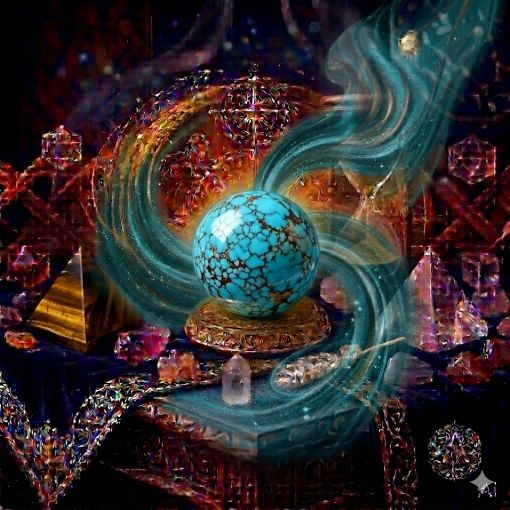  Kadim, oyma desenli koyu ahşap bir masanın üzerinde, altın işlemeli derin lacivert kadife bir örtünün tam ortasında duran, Turkuaz (Turquoise) kristalinin karakteristik canlı gökyüzü mavisi ve deniz yeşili tonlarını barındıran, üzerinde örümcek ağı desenli koyu kahverengi ve siyah matris damarlar (karakteristik Turkuaz damarları) bulunan, opak ve pürüzsüz bir 'Bilgelik Küresi'. Kürenin canlı yapısından yükselen, mistik bir tütsü dumanı gibi zarifçe kıvrılan parlak turkuaz ve gümüşi beyaz dumanlı mistik enerji hüzmeleri, hemen arkasındaki antik cam kumsaatiyle bütünleşiyor. Kumsaatinin içinden akan altın yaldızlı kumlar, bu kadim bilgelik, iletişim ve koruma sağlayan güçlü enerji akışıyla sarmalanmış. Masanın solunda şeffaf kristal kuvars piramitleri ve ham kaplan gözü kütleleri, sağında ise ham ametist ve kuvars parçaları dağınık bir mistik kompozisyon oluşturuyor. Arka planda tüten mistik tütsüler, parıldayan altın yıldız haritası detayları, astrolojik semboller ve karmaşık geometrik enerji desenleriyle bütünleşerek kozmik bir atmosfer yaratıyor. Sağ alt köşede, zarif bir altın stant üzerinde duran bu özel Turkuaz küresinin önünde dairesel, minimalist, zarif bir dijital AI sanat imza sembolü (A) ve markanın lüks estetiği entegre edilmiş. Görsel, profesyonel sinematik ışıklandırma ve derin bokeh efekti ile mistik ve sofistike bir 'yaşayan tablo' atmosferine sahip, 1024x1024 kare formatında bir dijital sanat çalışması. Bu görsel, 'Mistik Zaman Masası: Turkuaz Bilgeliği'nin imza eseridir.