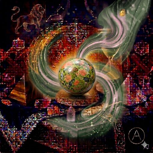  Kadim, oyma desenli koyu ahşap bir masanın üzerinde, altın işlemeli derin lacivert kadife bir örtünün tam ortasında duran, Unakit (Unakite) kristalinden yapılmış, karakteristik yosun yeşili ve somon pembesi (kiremit rengi) benekli desenlere sahip, opak ve pürüzsüz bir 'Uyum Küresi'. Kürenin doğal, toprak tonlarındaki gövdesinden yükselen, mistik bir tütsü dumanı gibi zarifçe kıvrılan yumuşak yosun yeşili ve uçuk pembe mistik enerji hüzmeleri, hemen arkasındaki antik cam kumsaatiyle bütünleşiyor. Kumsaatinin içinden akan altın yaldızlı kumlar, bu duygusal denge, kalp şifası ve yeniden doğuşu temsil eden doğal akışla sarmalanmış. Masanın solunda şeffaf kristal kuvars piramitleri ve altın parıltılı kaplan gözü kütleleri, sağında ise ham ametist parçaları dağınık bir mistik kompozisyon oluşturuyor. Sol üst köşede parıldayan altın bir Aslan burcu sembolü ve arka planda altın yıldız haritaları, astrolojik sembollerle kozmik bir atmosfer yaratıyor. Sağ alt köşede, zarif bir altın stant üzerinde duran bu özel Unakit küresinin önünde dairesel, minimalist, zarif bir dijital AI sanat imza sembolü (A) ve markanın lüks estetiği entegre edilmiş. Görsel, profesyonel sinematik ışıklandırma ve derin bokeh efekti ile mistik ve sofistike bir 'yaşayan tablo' atmosferine sahip, 1024x1024 kare formatında bir dijital sanat çalışması. Bu görsel, 'Mistik Zaman Masası: Unakit Dengesi'nin imza eseridir.