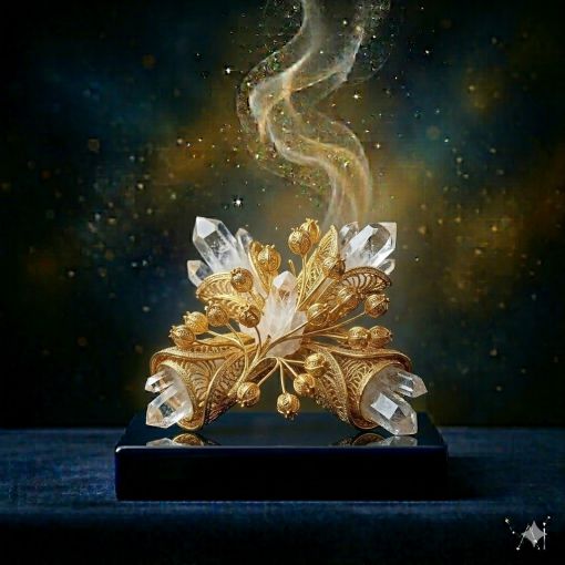 Lüks mistik estetikle yeniden yorumlanmış Üzerlik (Nazar Otu) sembolü; altın filigran dallar ve uçlarında elmas berraklığında kuvars kristallerinden oluşan tohumlar; karanlık lacivert zemin üzerinde yükselen, arınmayı ve spiritüel korumayı temsil eden dijital sanat eseri.