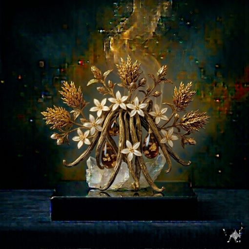  Mistik Sanat Mimarı tasarımı: Saf kristal kuvars kümesi üzerinde yükselen, uzun, kıvrımlı ve boğumlu siyah fasulye (pod) demetleri ile narin Vanilya orkidelerinin (Vanilla planifolia) saf altından işlenmiş heykeli; kare (1:1) derin lacivert obsidyen kaide üzerinde parlayan, antik bilgeliği, mutlak huzuru, sevgiyi ve derin şifayı temsil eden lüks dijital sanat eseri.