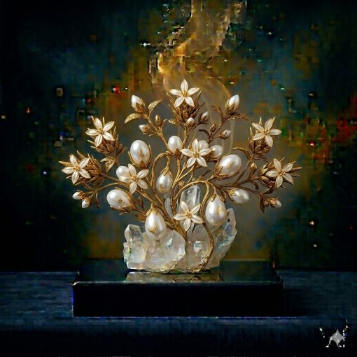 Mistik Sanat Mimarı tasarımı: Saf kristal kuvars kümesi üzerinde yükselen, narin, yıldız şeklindeki beyaz yaprakları ve parlak incilerle bezeli altın Yasemin Çiçeği (Jasmine) heykeli; derin lacivert kaide üzerinde parlayan, üzerinden süzülen büyülü altın dumanıyla saflığı, zarafeti, aşkı ve ruhsal huzuru temsil eden lüks dijital sanat eseri.