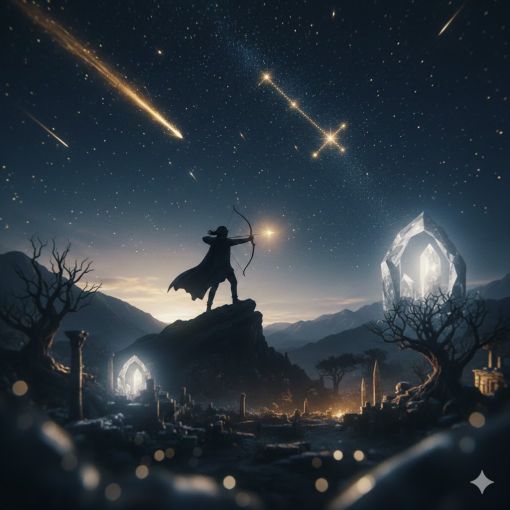  Yıldızlı bir gece gökyüzü altında, yüksek bir kayalığın tepesinde ufka doğru ok atan Yay burcu silüeti, çevrede parlayan spiritüel kristal geçitler ve akan yıldızlar ile Jüpiter'in bilgeliğini temsil eden epik astroloji illüstrasyonu.