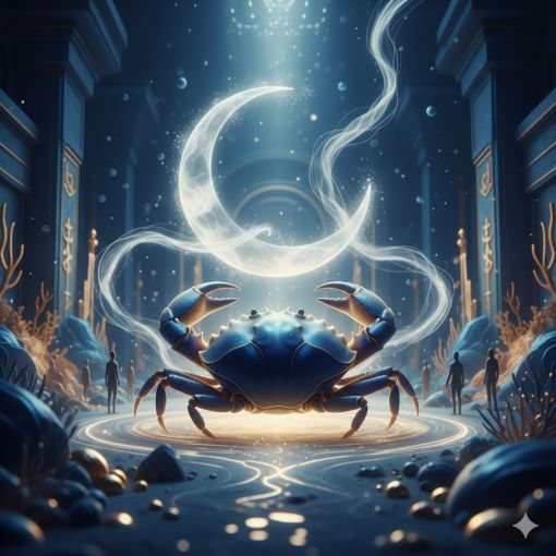  Ay ışığı altında parlayan mistik Yengeç figürü, kutsal bir su tapınağı atmosferinde ruhsal şifayı ve Ay enerjisini temsil eden sanatsal astroloji illüstrasyonu.